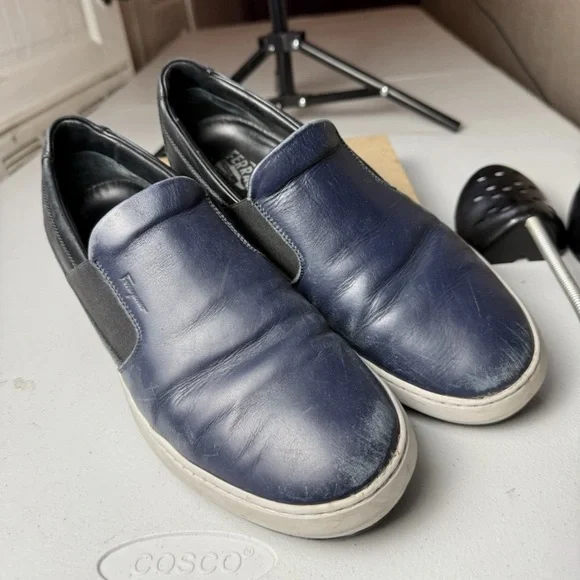 Salvatore Ferragamo Men Sz 8.5 EE Loafers navy leather uppers slip-on sneakers - Picture 3 of 13